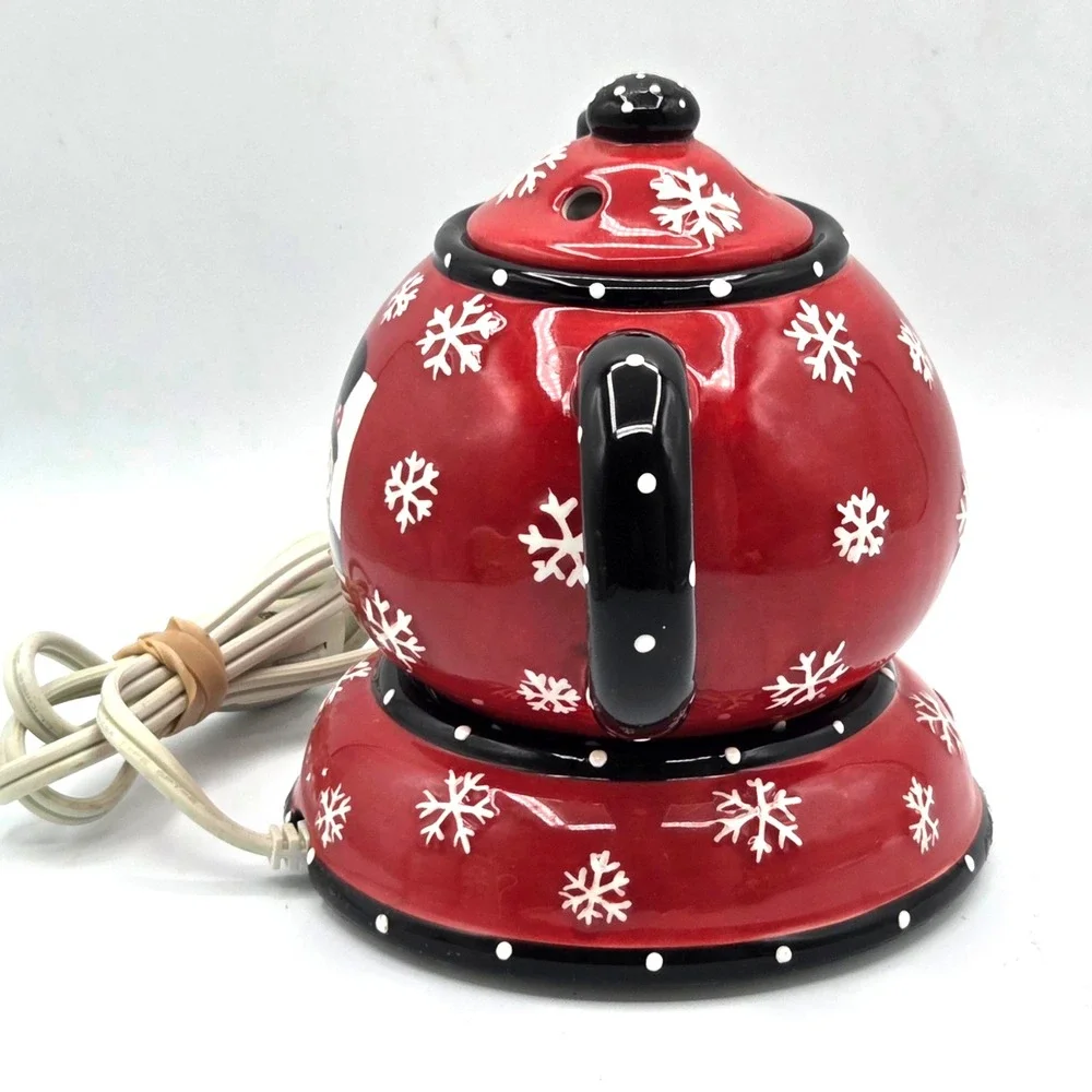 VINTAGE 2004 Red & Black Ceramic Snowman Teapot with Warmer